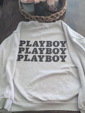 PLAYBOY Light Gray Crewneck with Black Triple Logo